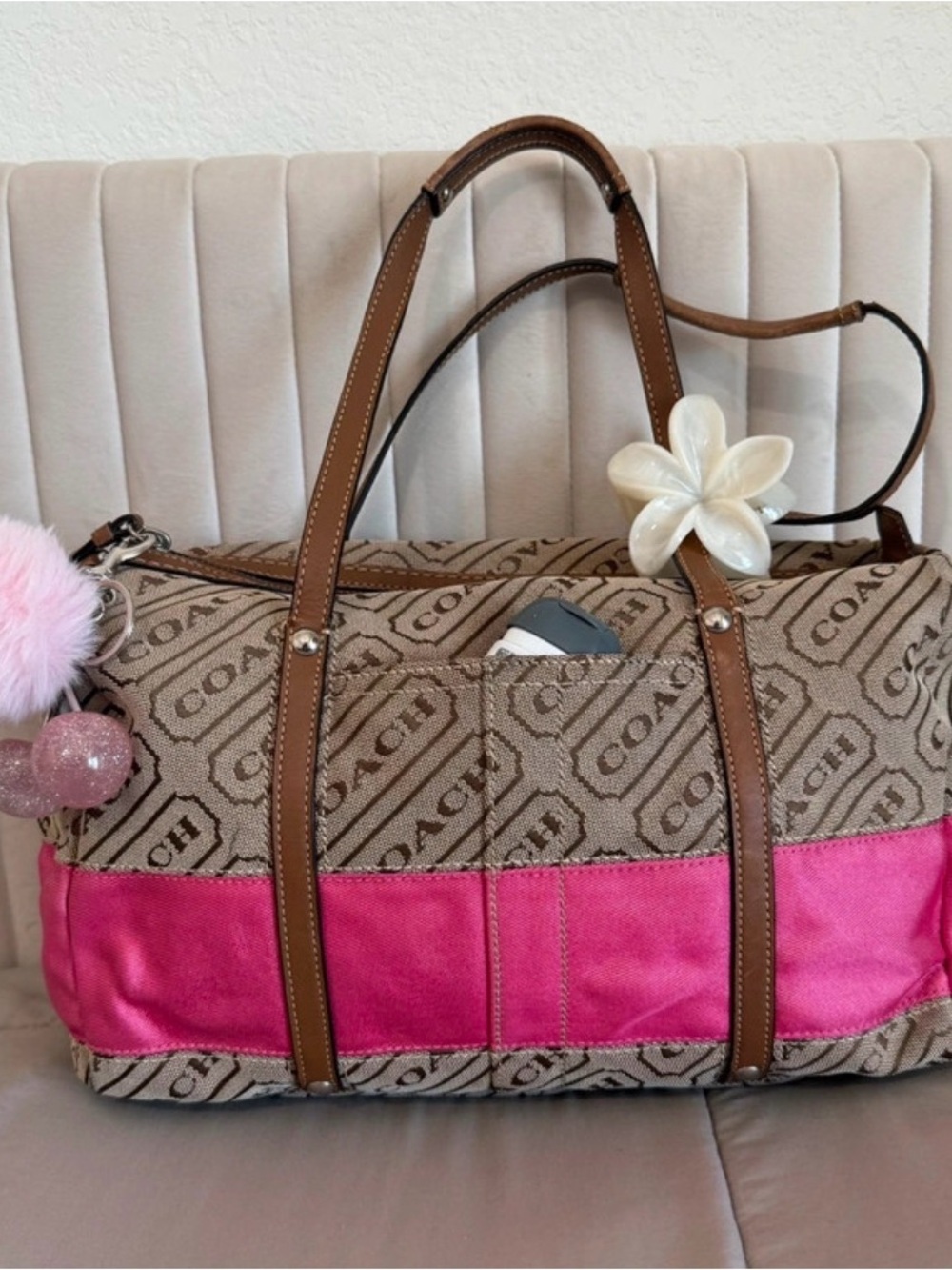 Coach Brown Signature Canvas Travel Bag with Pink Accent